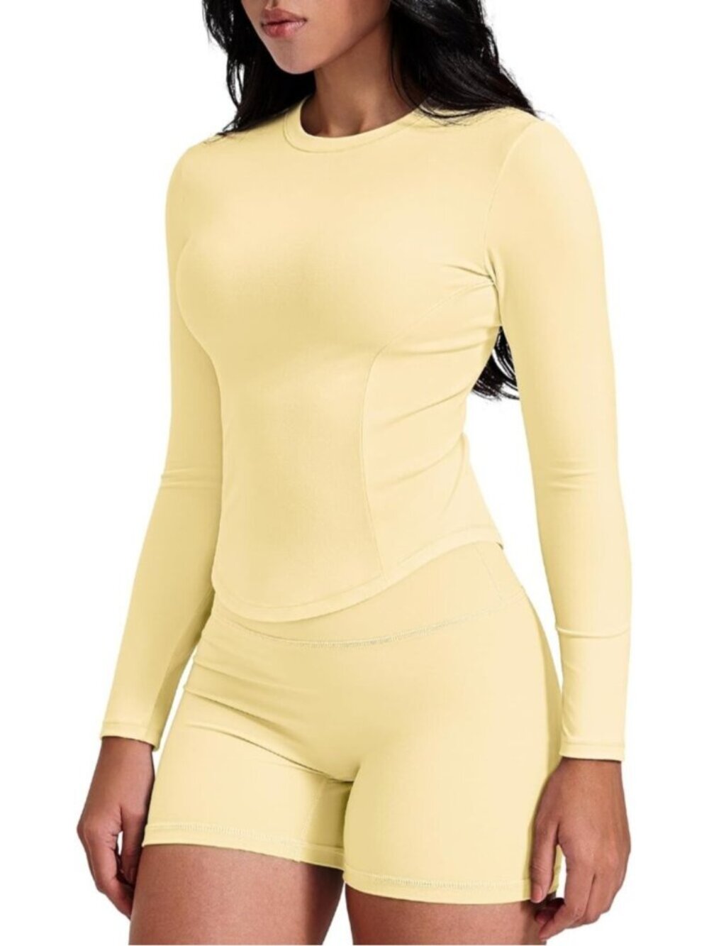 Women Yellow Long Sleeve Workout Shirts Cropped Athletic Tops Slim Fit Crew Neck
